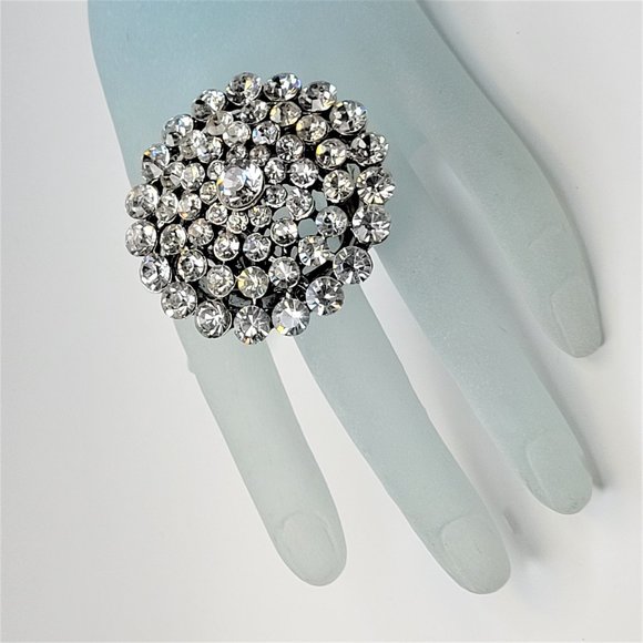 Vintage Crystal Cluster Dome Stretch Ring Adjustable Band Large Cocktail Ring - Picture 5 of 12